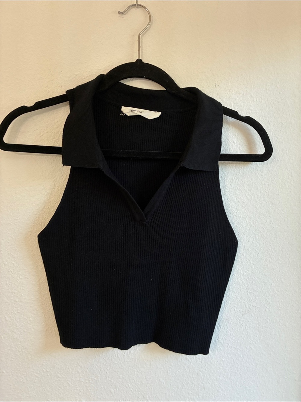 Double Zero Black Ribbed Collared Cropped Tank